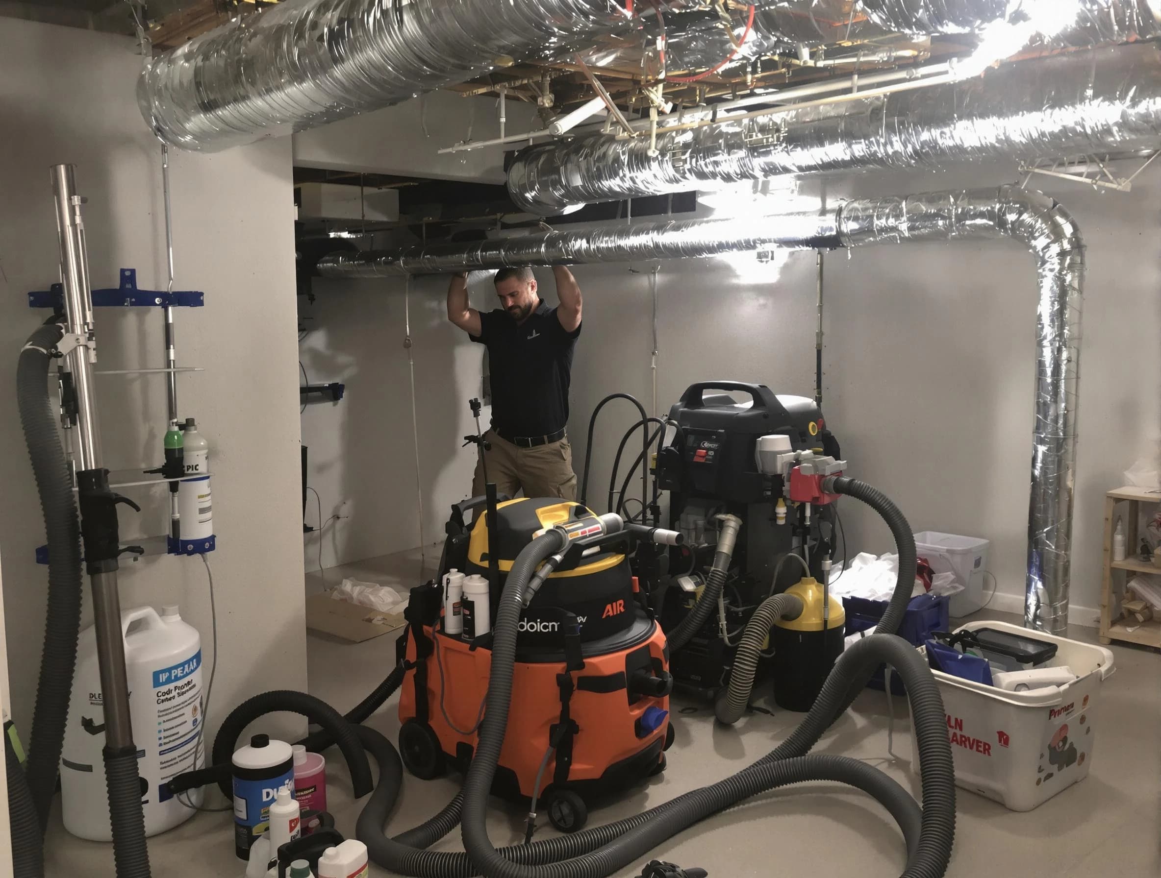 Irvine Air Duct Cleaning specialist performing professional mold removal from air ducts using safety equipment in Irvine