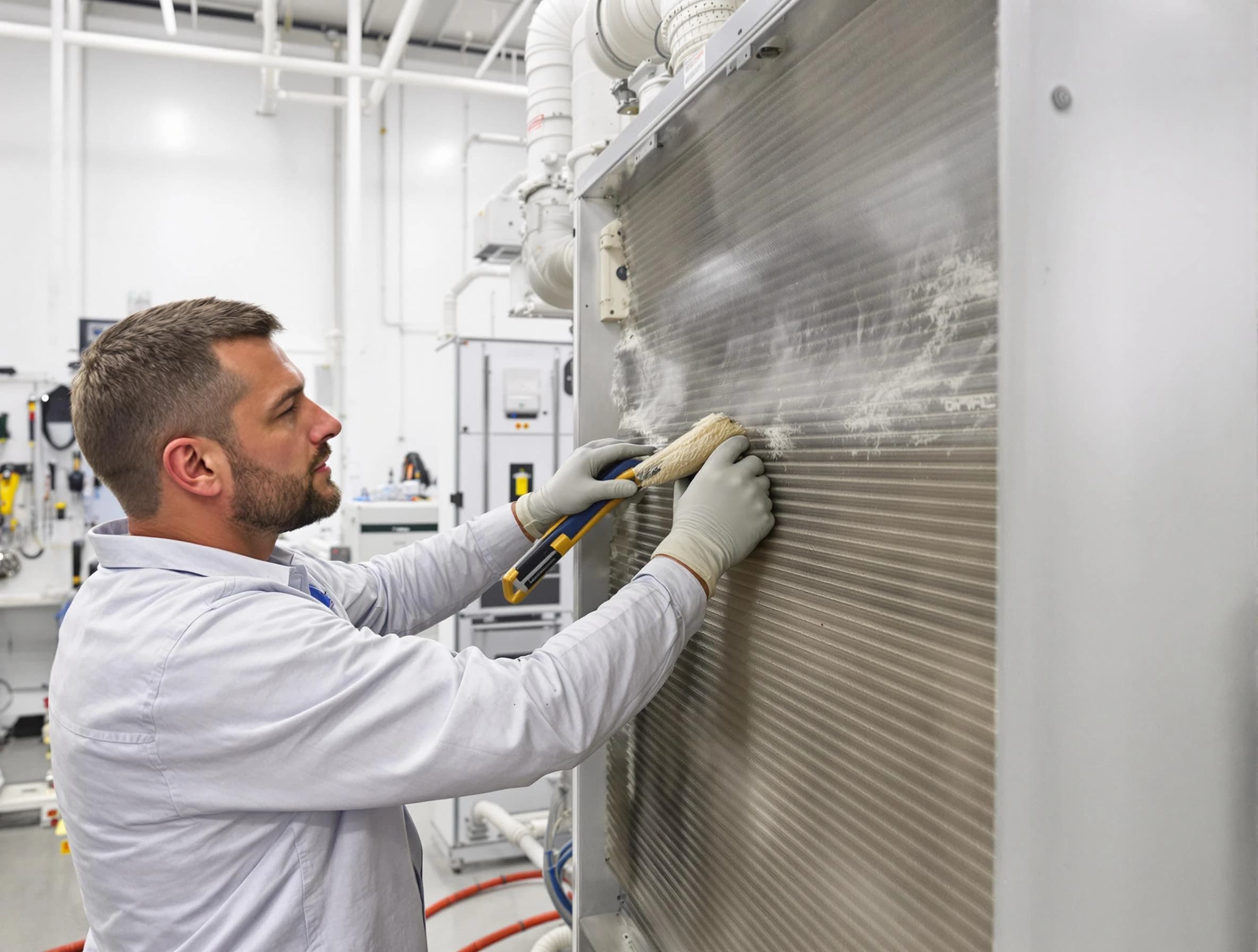 Irvine Air Duct Cleaning technician performing precision commercial coil cleaning at a Irvine business