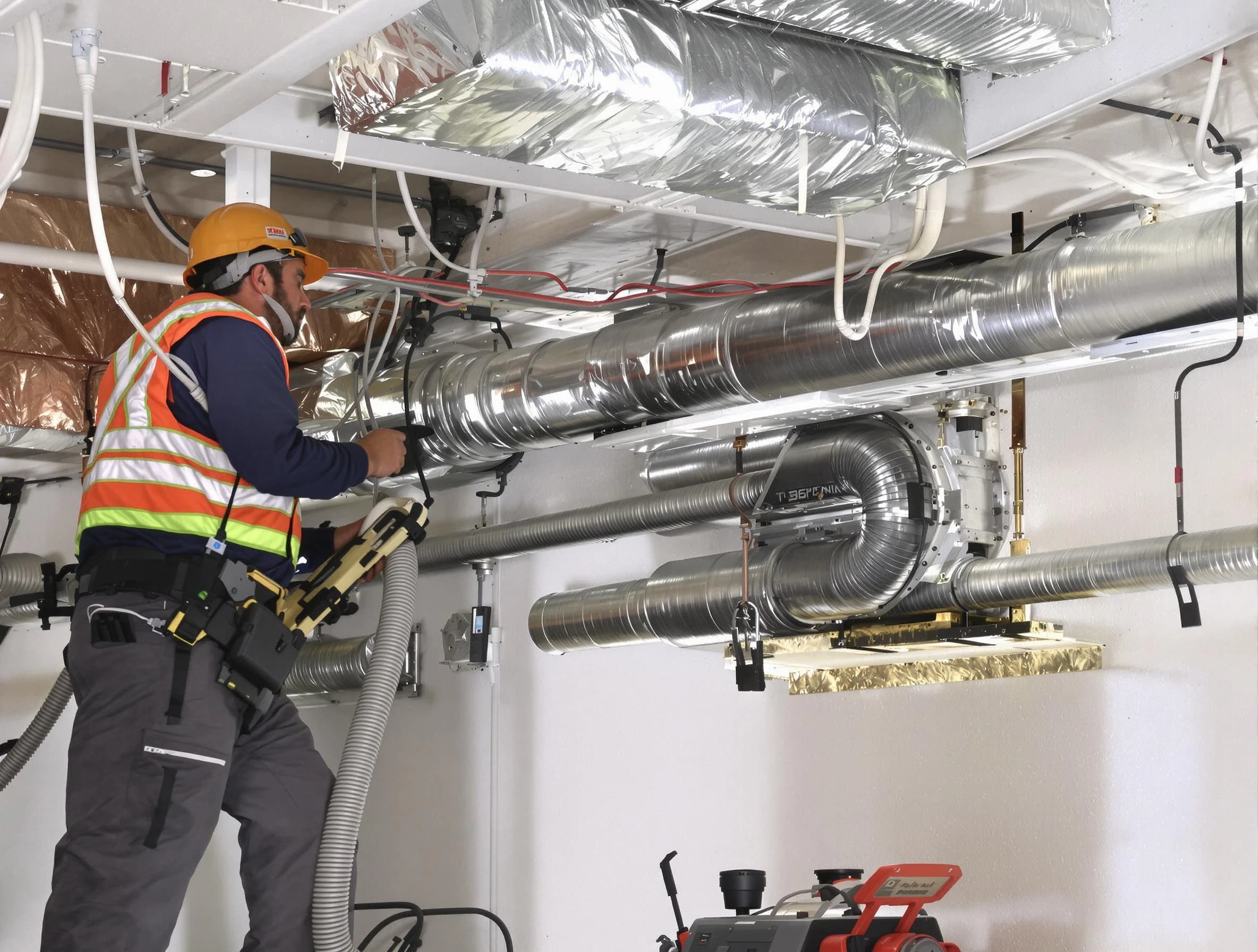 Irvine Air Duct Cleaning technician performing precision vacuum insulation removal in a residential property in Irvine